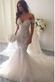 Gentle Off Shoulder Appliques Backless Mermaid Wedding Dresses With Chapel Train