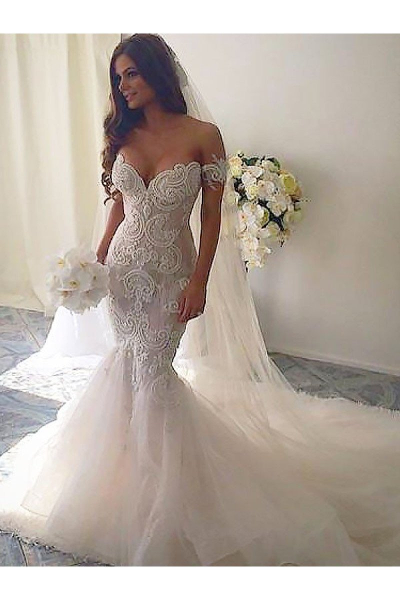 Gentle Off Shoulder Appliques Backless Mermaid Wedding Dresses With Chapel Train