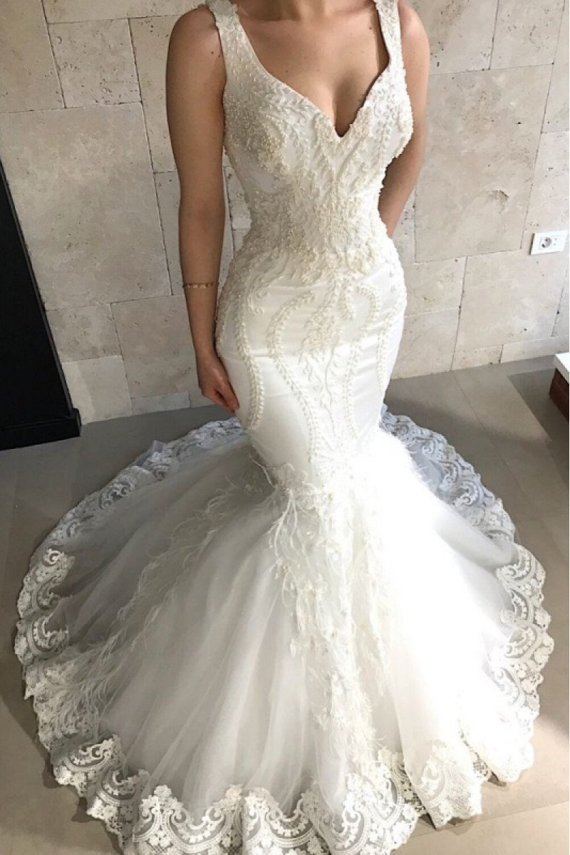 Chic V-neck Open Back Wonderful Mermaid Wedding Dresses With Appliques