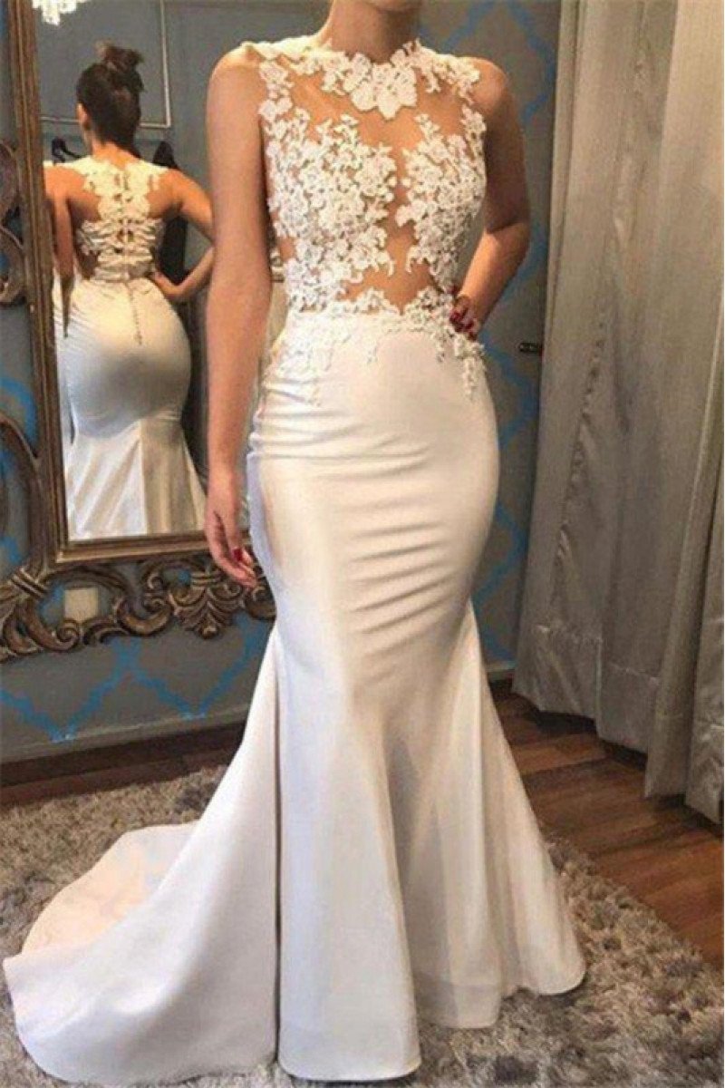 Sexy High Neck Open Back Mermaid Wedding Dresses With Appliques