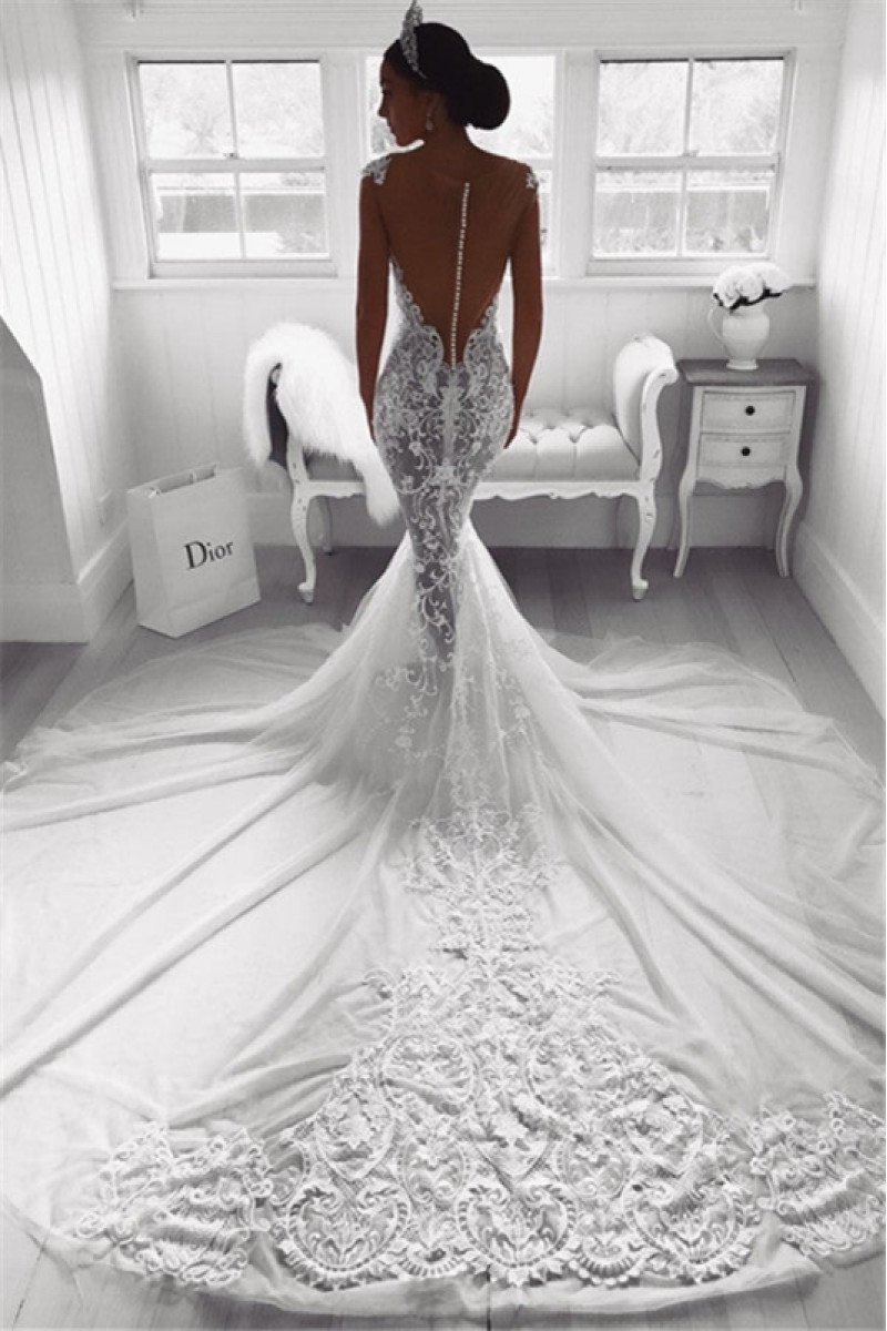 Alexia Elegant Square Open Back Appliques Mermaid Wedding Dresses With Royal Train