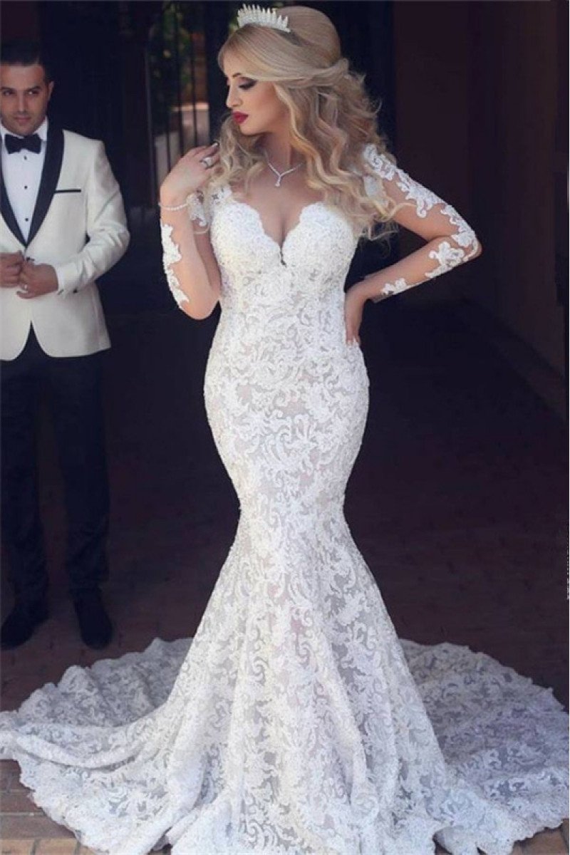 Alexia Mild V-neck Long Sleeves Backless Lace Mermaid Wedding Dresses With Court Train