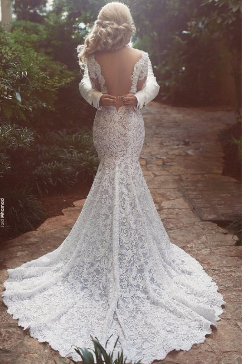 Alexia Mild V-neck Long Sleeves Backless Lace Mermaid Wedding Dresses With Court Train