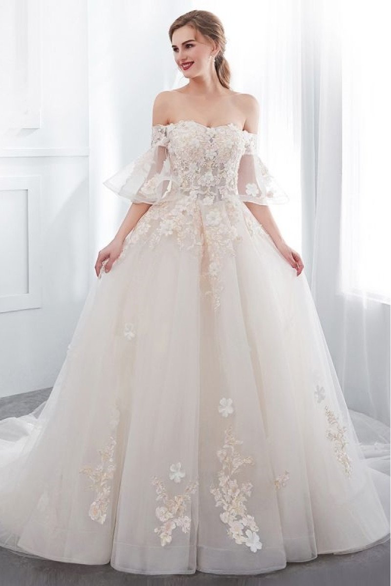 Alexia Lovely Off Shoudler Lace Up Chapel Train Ball Gown Wedding Dresses With Appliques