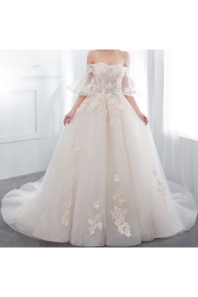 Alexia Lovely Off Shoudler Lace Up Chapel Train Ball Gown Wedding Dresses With Appliques