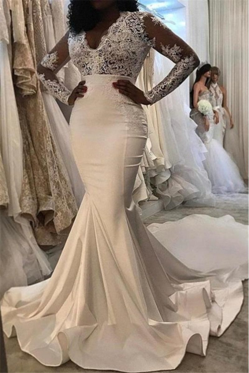 Alexia V-neck Long Sleeves Appliques Mermaid Wedding Dresses With Ruffles