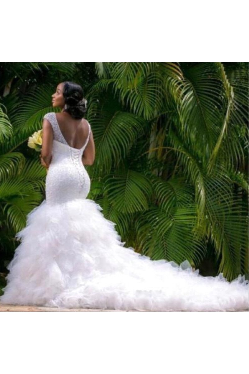 Alexis Luxury V-neck Backless Puffy Layers Mermaid Wedding Dresses With Crystal