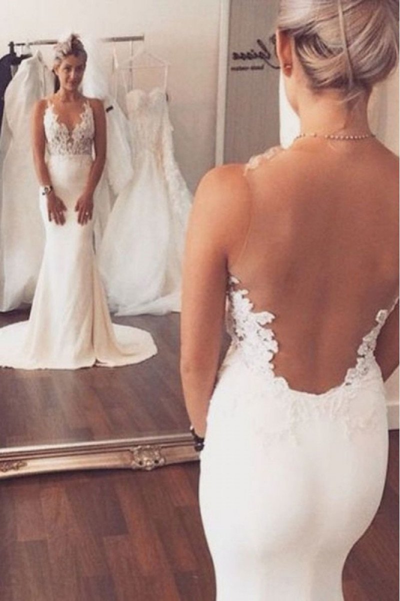 Alexis V-neck Open Back Court Train Mermaid Wedding Dresses With Appliques