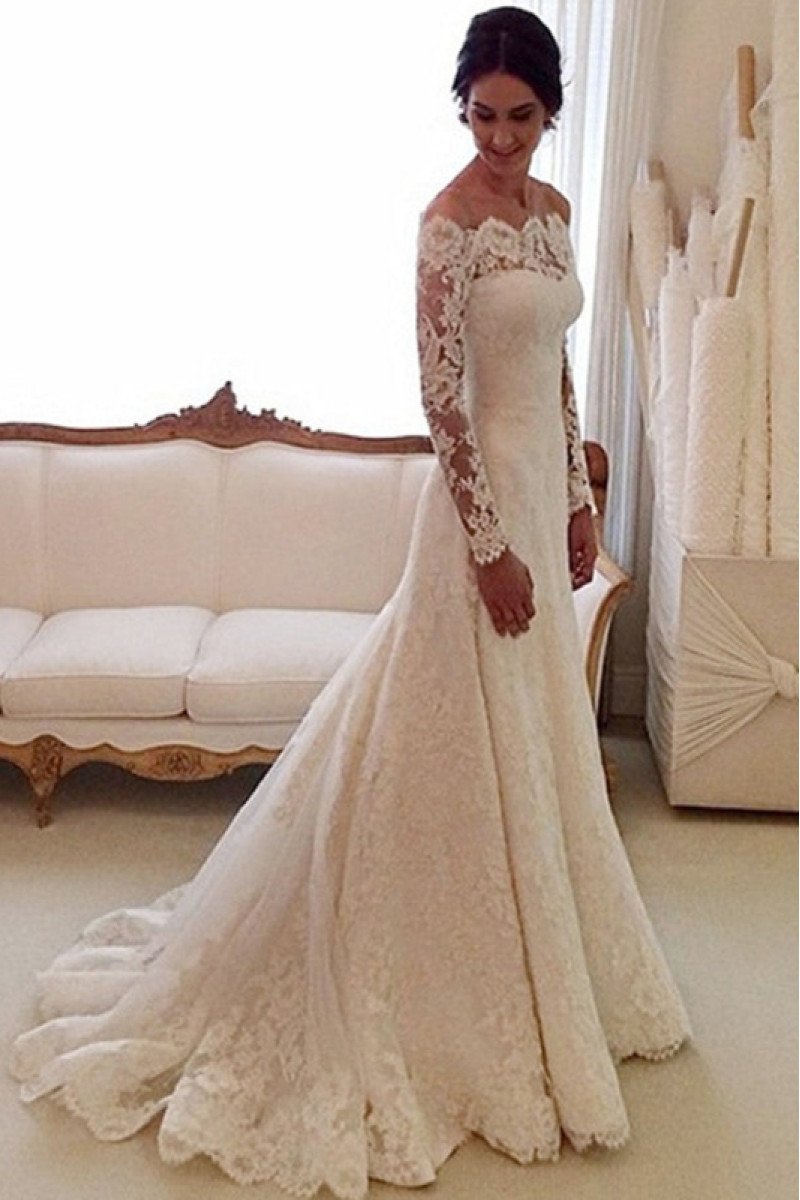 Ali Elegant Off Shoulder Long Sleeves Lace Sheath Wedding Dresses With Court Train