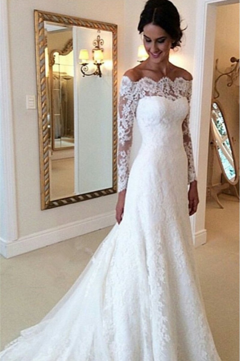 Ali Elegant Off Shoulder Long Sleeves Lace Sheath Wedding Dresses With Court Train