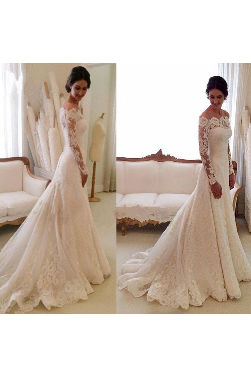 Ali Elegant Off Shoulder Long Sleeves Lace Sheath Wedding Dresses With Court Train