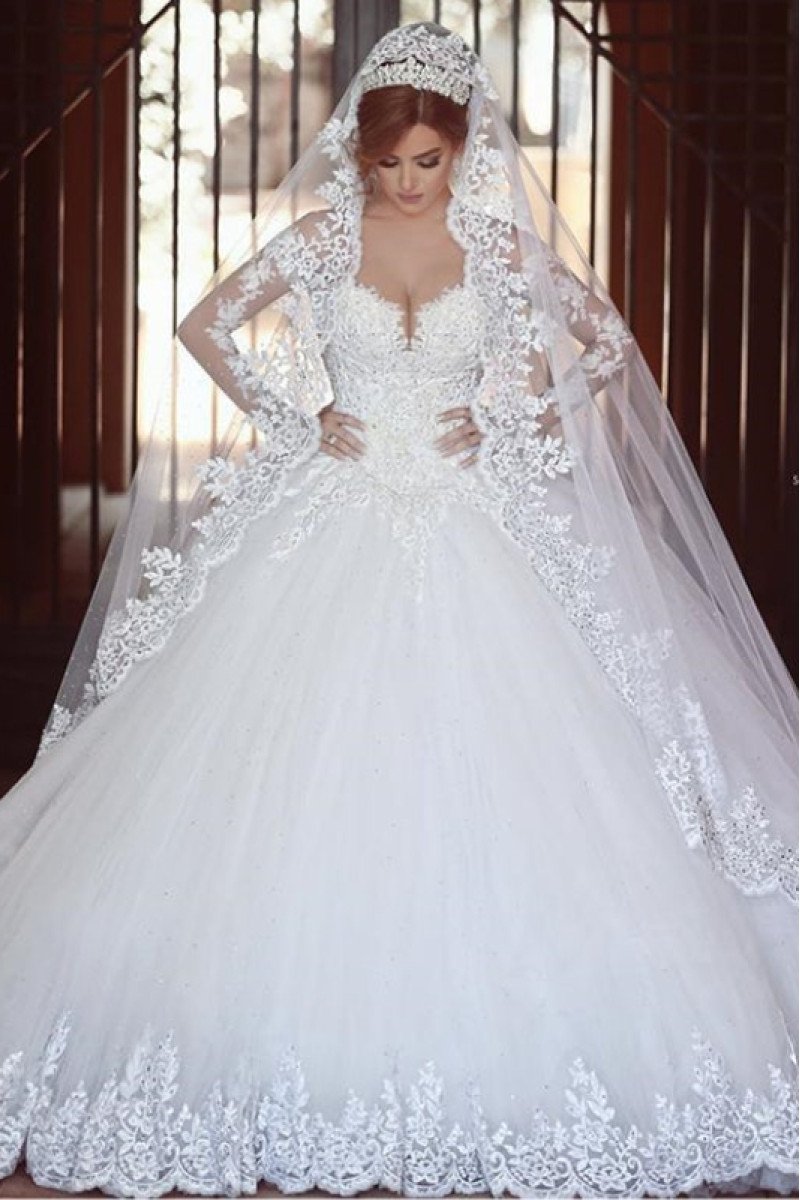 Ali Wonderful Off Shoulder Long Sleeves Ball Gown Wedding Dresses With Appliques