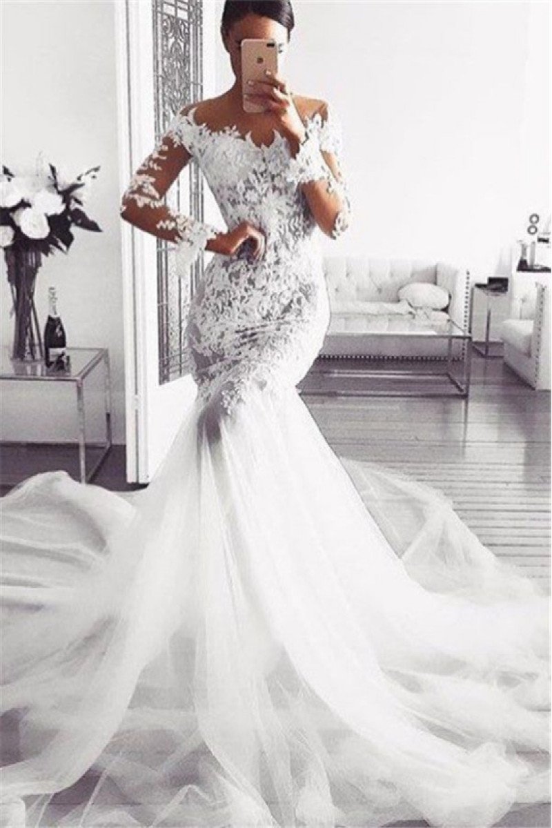 Ali Sexy Off Shoulder Long Sleeves Royal Train Mermaid Wedding Dresses With Appliques