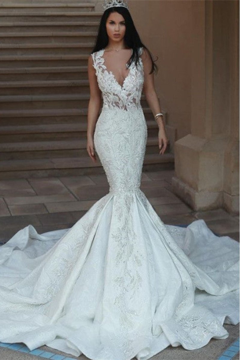 Ali Modern V-neck Open Back Chapel Train Mermaid Wedding Dresses With Appliques