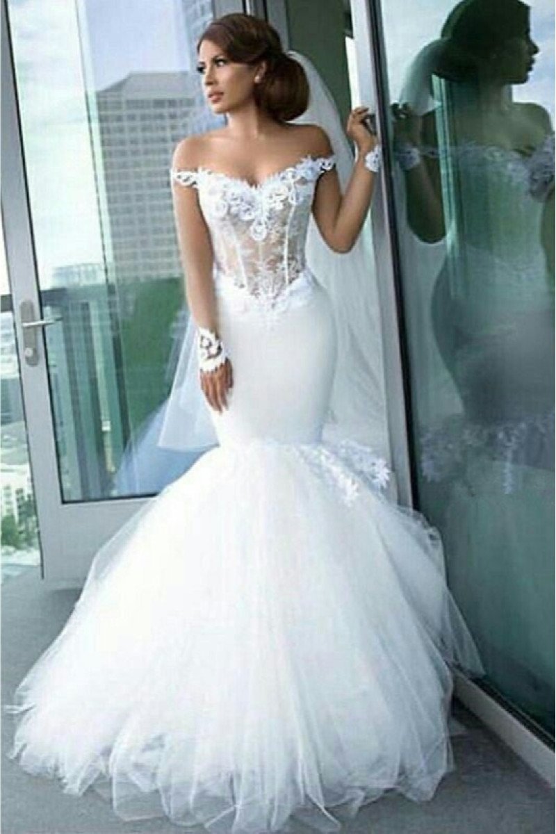 Ali Charming Off Shoulder Chapel Train Mermaid Wedding Dresses With Appliques