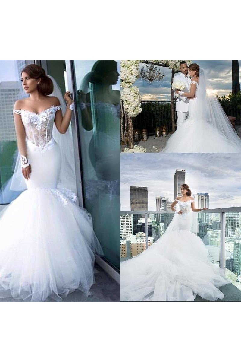 Ali Charming Off Shoulder Chapel Train Mermaid Wedding Dresses With Appliques