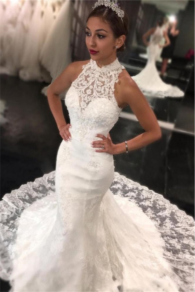 Alexia Mild High Neck Appliques Mermaid Wedding Dresses With Court Train