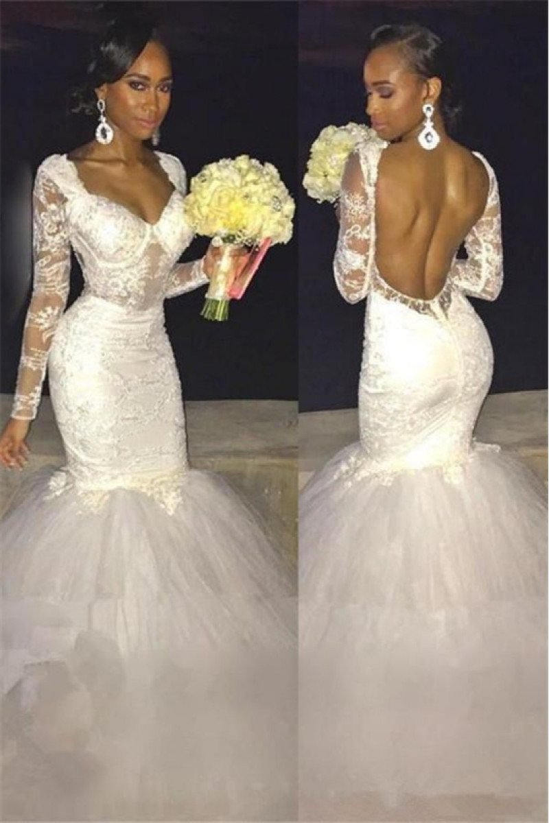 Alexis Sexy V-Neck Long Sleeves Backless Lace Mermaid Wedding Dresses With Puffy Layers