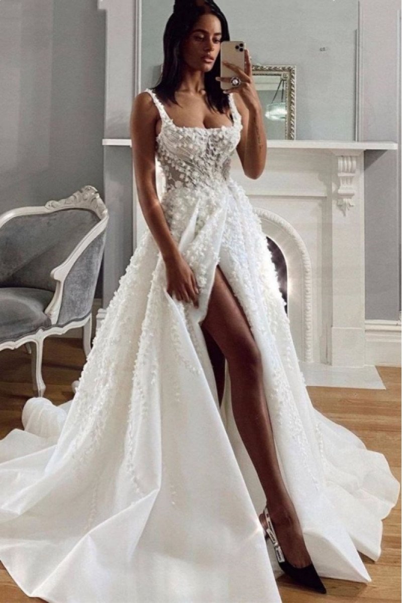 Alison Gentle Spaghetti Straps Side Slit A-Line Wedding Dresses With Appliques