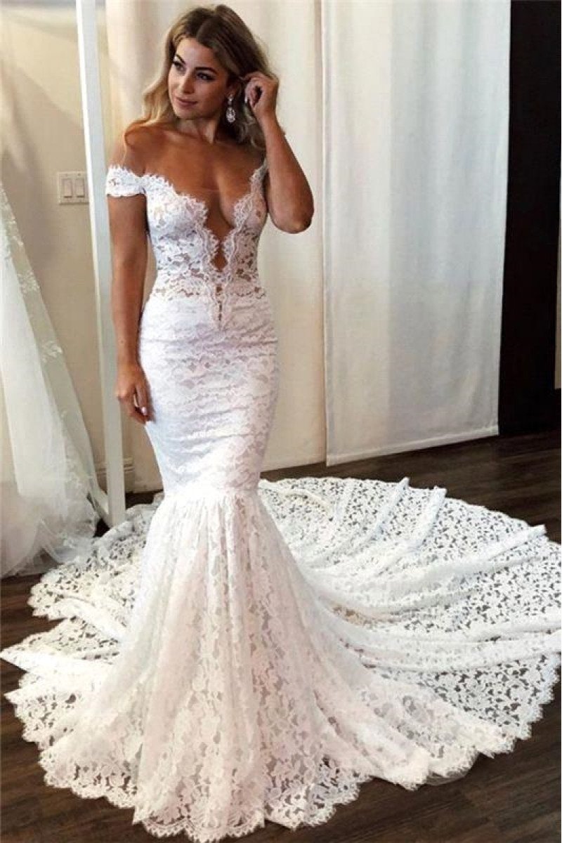 Amy Beautiful Off Shoulder Open Back Lace Mermaid Wedding Dresses With Chapel Train