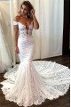 Amy Beautiful Off Shoulder Open Back Lace Mermaid Wedding Dresses With Chapel Train