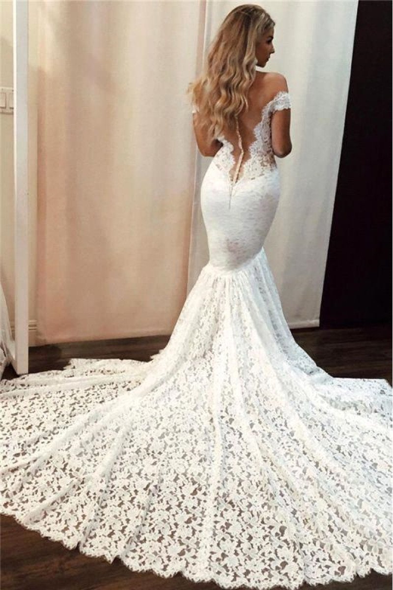 Amy Beautiful Off Shoulder Open Back Lace Mermaid Wedding Dresses With Chapel Train