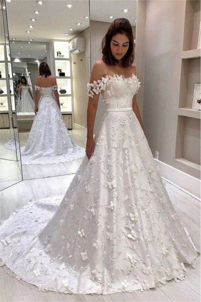 Andrea Lovely Off Shoulder Appliques A-Line Wedding Dresses With Court Train