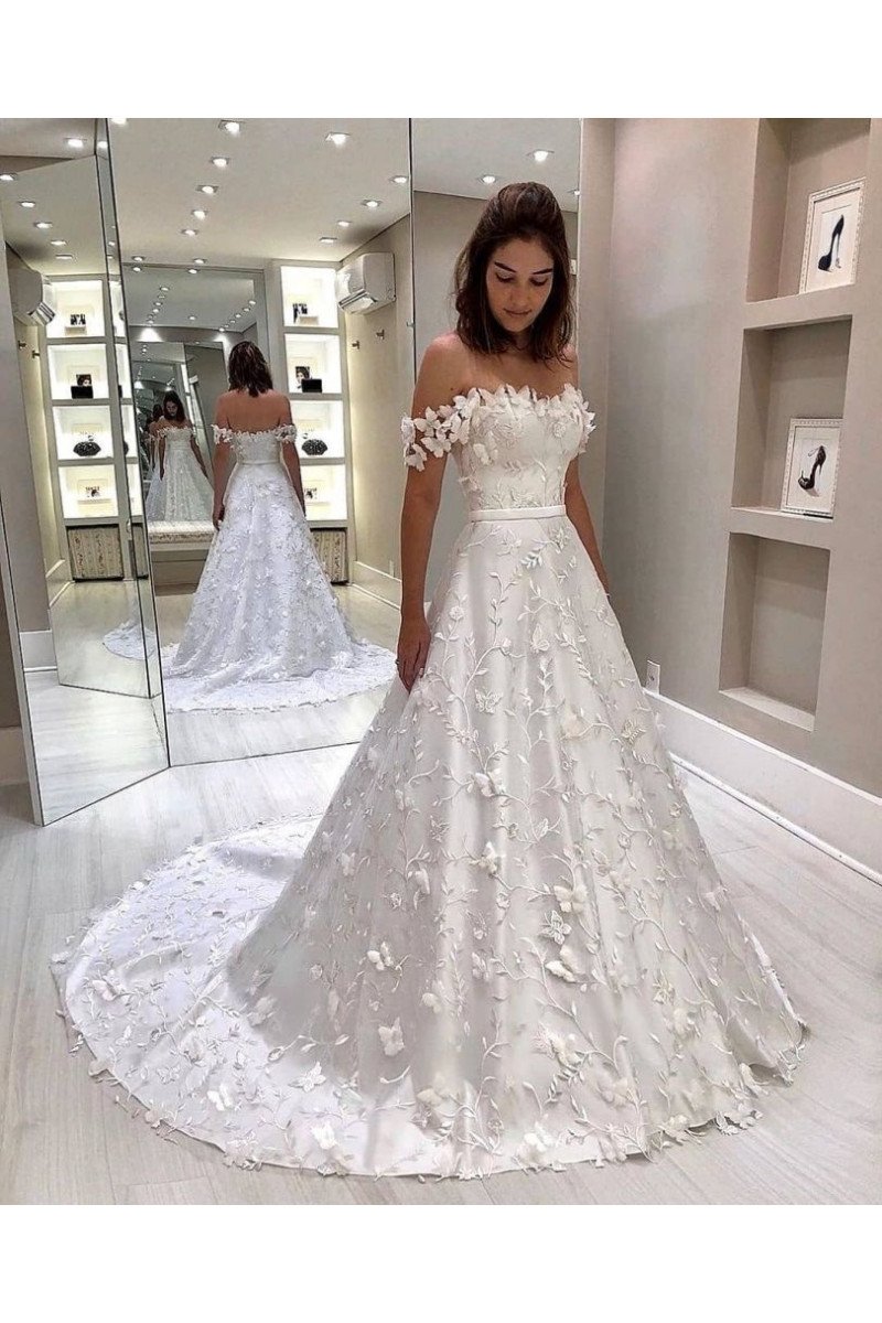 Andrea Lovely Off Shoulder Appliques A-Line Wedding Dresses With Court Train