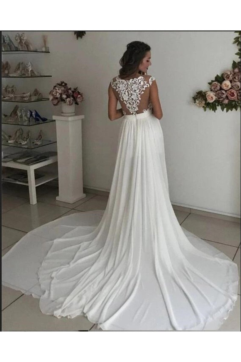 Angel Charming Off Shoulder Open Back Side Slit Sheath Wedding Dresses With Appliques