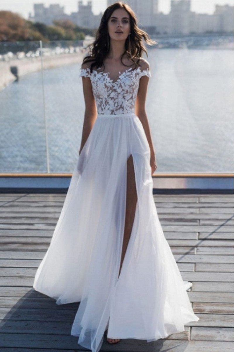 Angle Wonderful Off Shoulder Side Slit A-line Wedding Dresses With Appliques