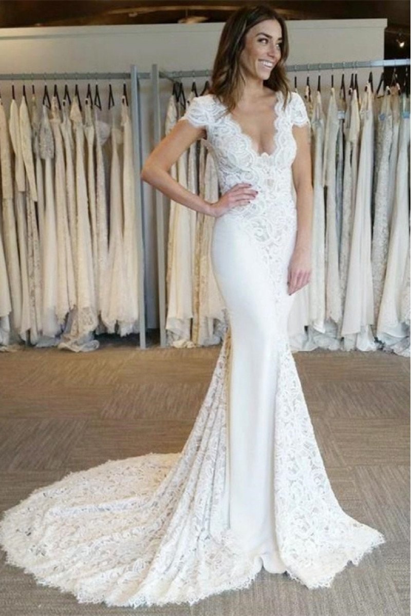 Ashley Mild V-Neck Court Train Open Back Appliques Sheath Wedding Dresses