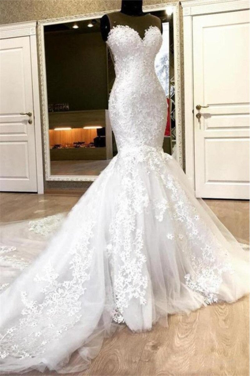 Bader Beautiful Sweetheart Chapel Train Mermaid Wedding Dresses With Appliques