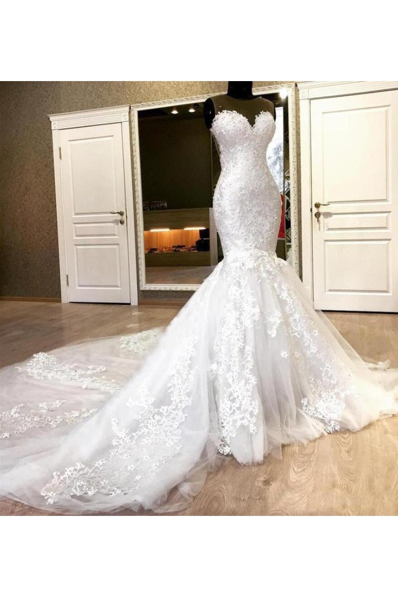 Bader Beautiful Sweetheart Chapel Train Mermaid Wedding Dresses With Appliques