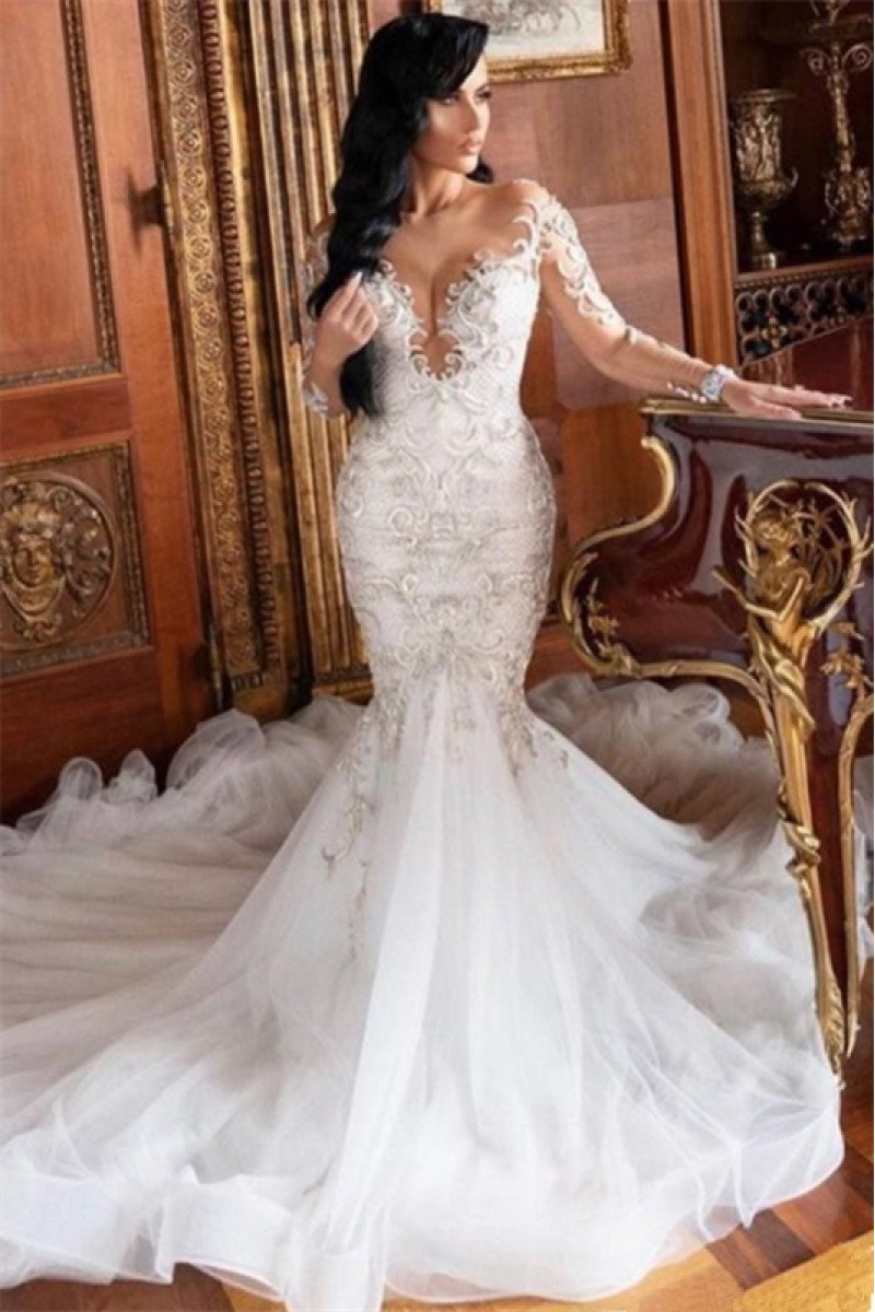 Barbara Elegant Off Shoulder Long Sleeves Court Train Mermaid Appliques Wedding Dresses