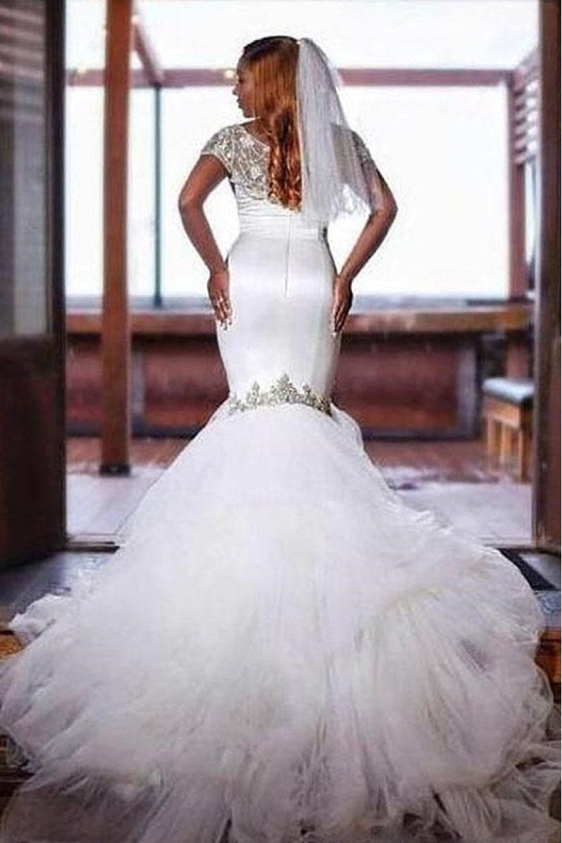 Beatrice Wonderful Portrait Open Back Puffy Layers Mermaid Wedding Dresses With Appliques