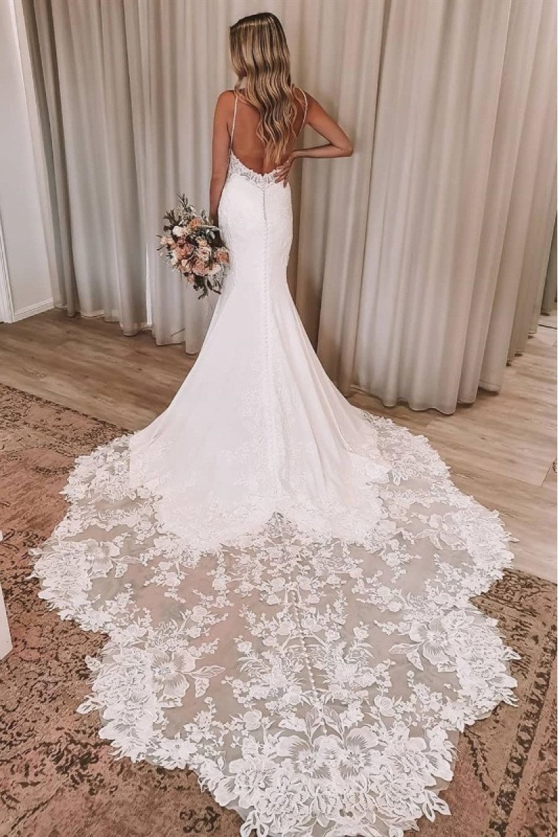 Bella Mild Spaghetti Straps Chapel Train Backless Mermaid Appliques Wedding Dresses