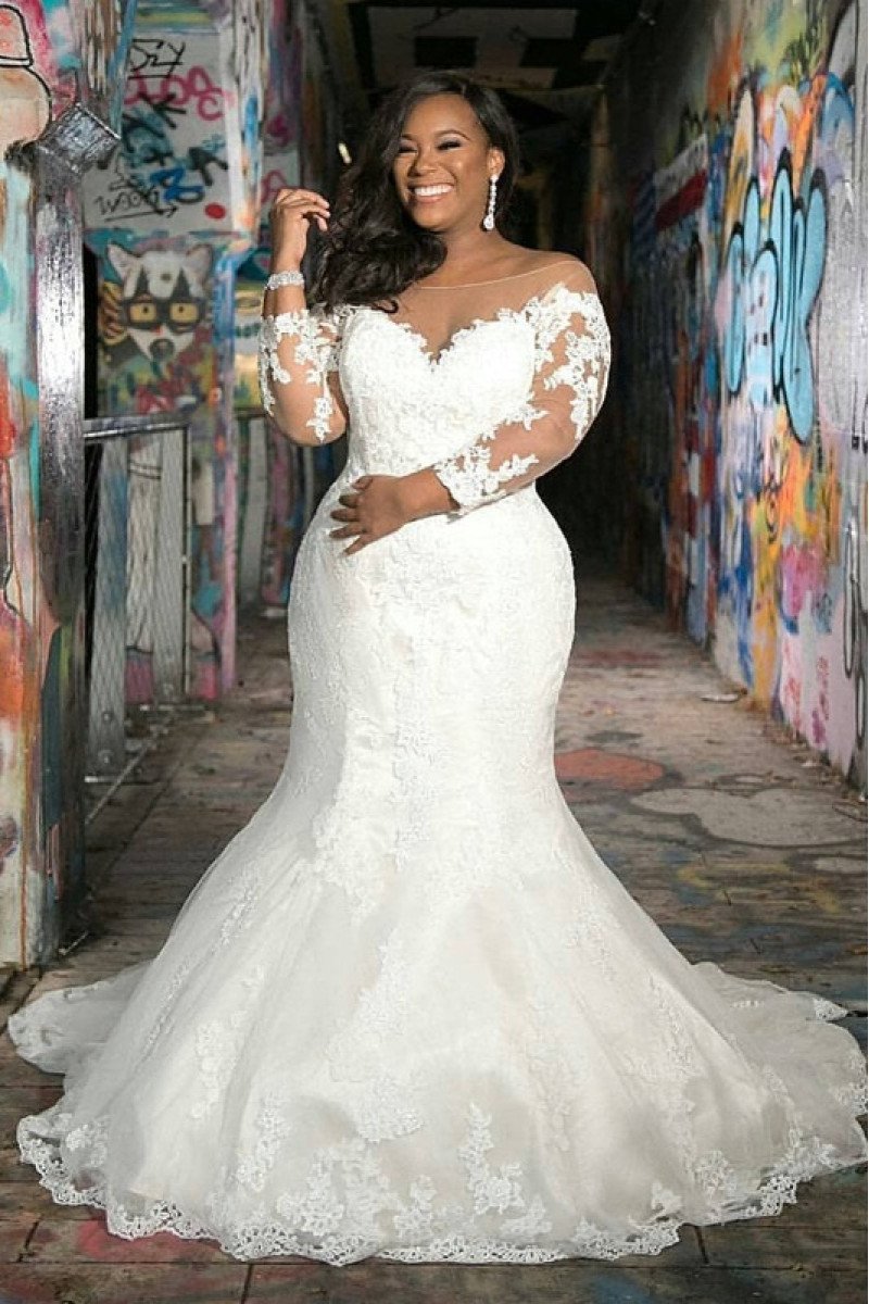 Bernice Wonderful Off Shoulder Long Sleeves Plus Size Lace Mermaid Wedding Dresses 