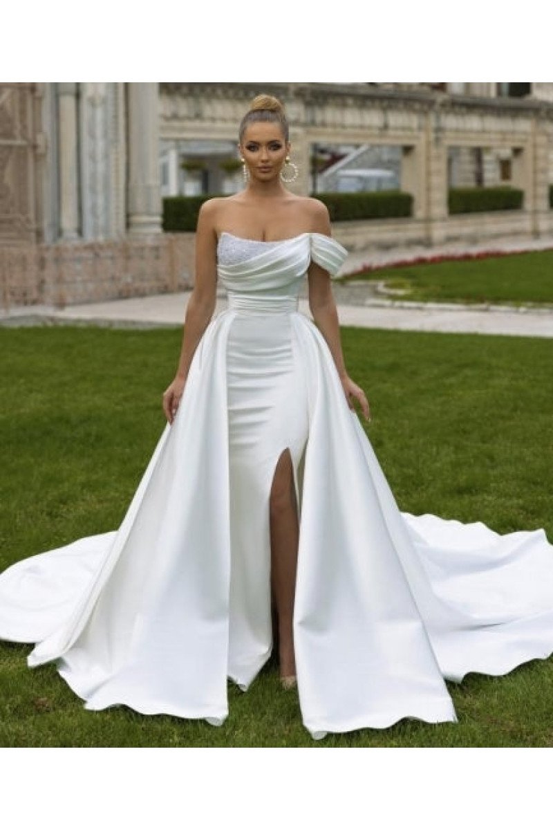 Bess Fancy Strapless Side Slit Crystal Sheath Wedding Dresses With Panel Train