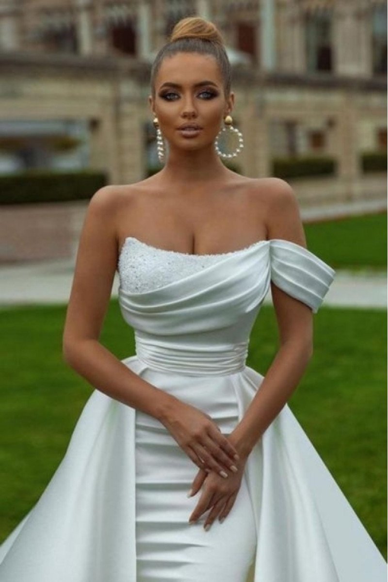 Bess Fancy Strapless Side Slit Crystal Sheath Wedding Dresses With Panel Train