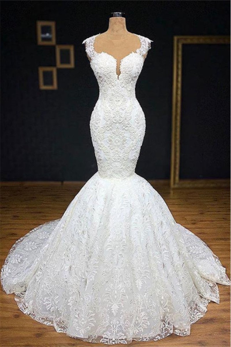 Betsy Beautiful Jewel Open Back Lace Mermaid Wedding Dresses With Court Train