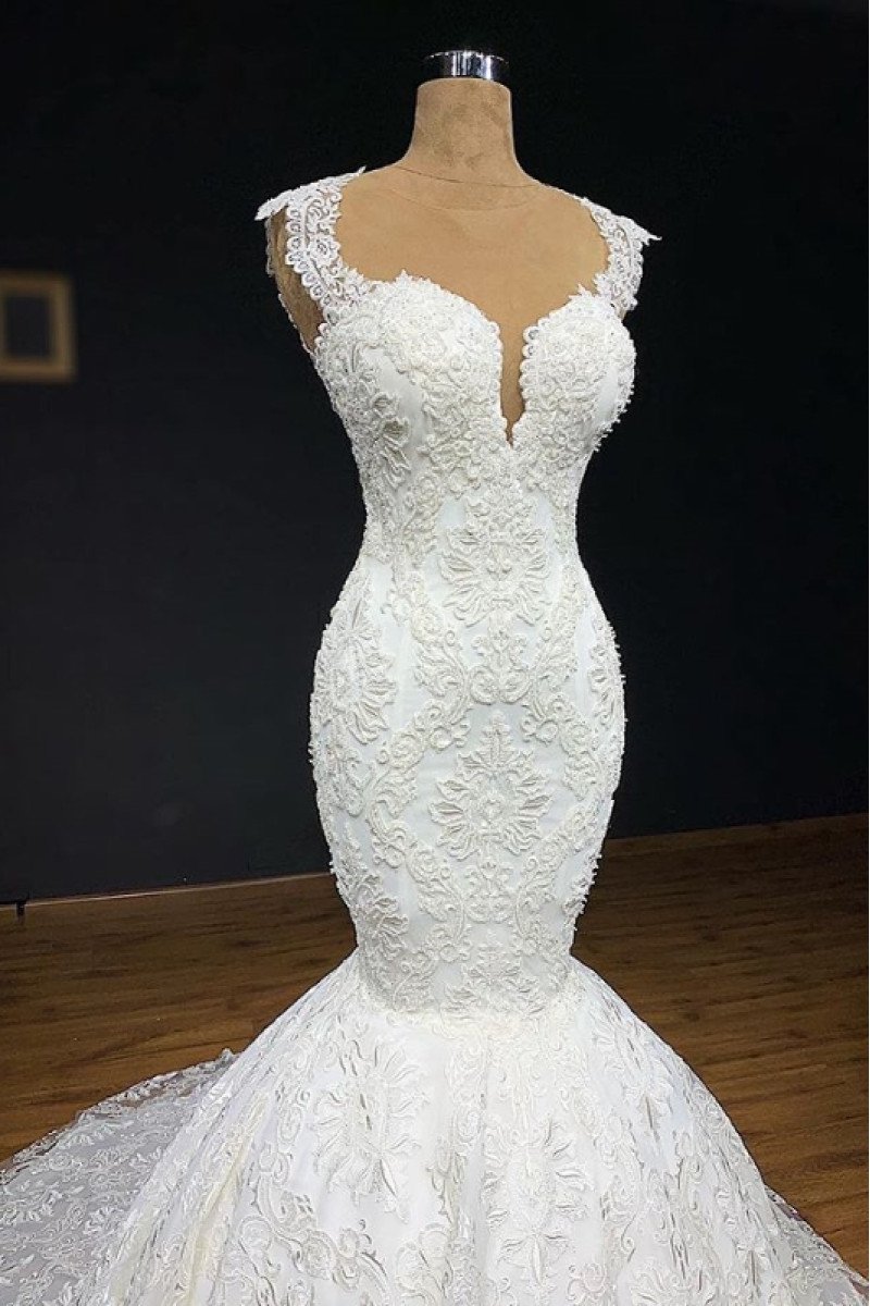 Betsy Beautiful Jewel Open Back Lace Mermaid Wedding Dresses With Court Train