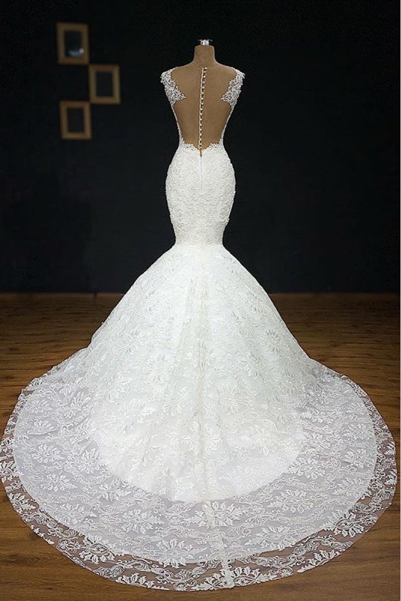 Betsy Beautiful Jewel Open Back Lace Mermaid Wedding Dresses With Court Train