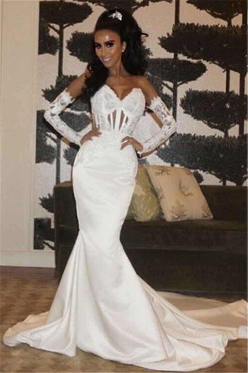 Beverly Modern Sweetheart Open Back Mermaid Appliques Wedding Dresses With Court Train