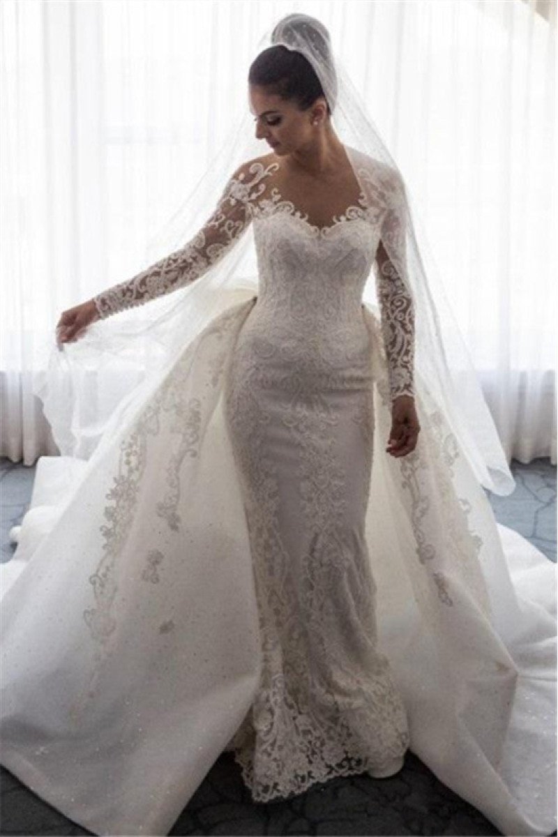 Blanche Beautiful V-Neck Long Sleeves Open Back Lace Sheath Wedding Dresses With Panel Train 