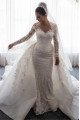 Blanche Beautiful V-Neck Long Sleeves Open Back Lace Sheath Wedding Dresses With Panel Train 