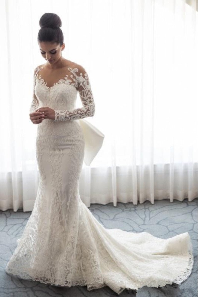 Blanche Beautiful V-Neck Long Sleeves Open Back Lace Sheath Wedding Dresses With Panel Train 