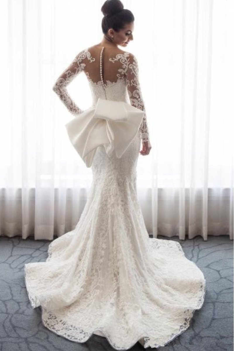 Blanche Beautiful V-Neck Long Sleeves Open Back Lace Sheath Wedding Dresses With Panel Train 