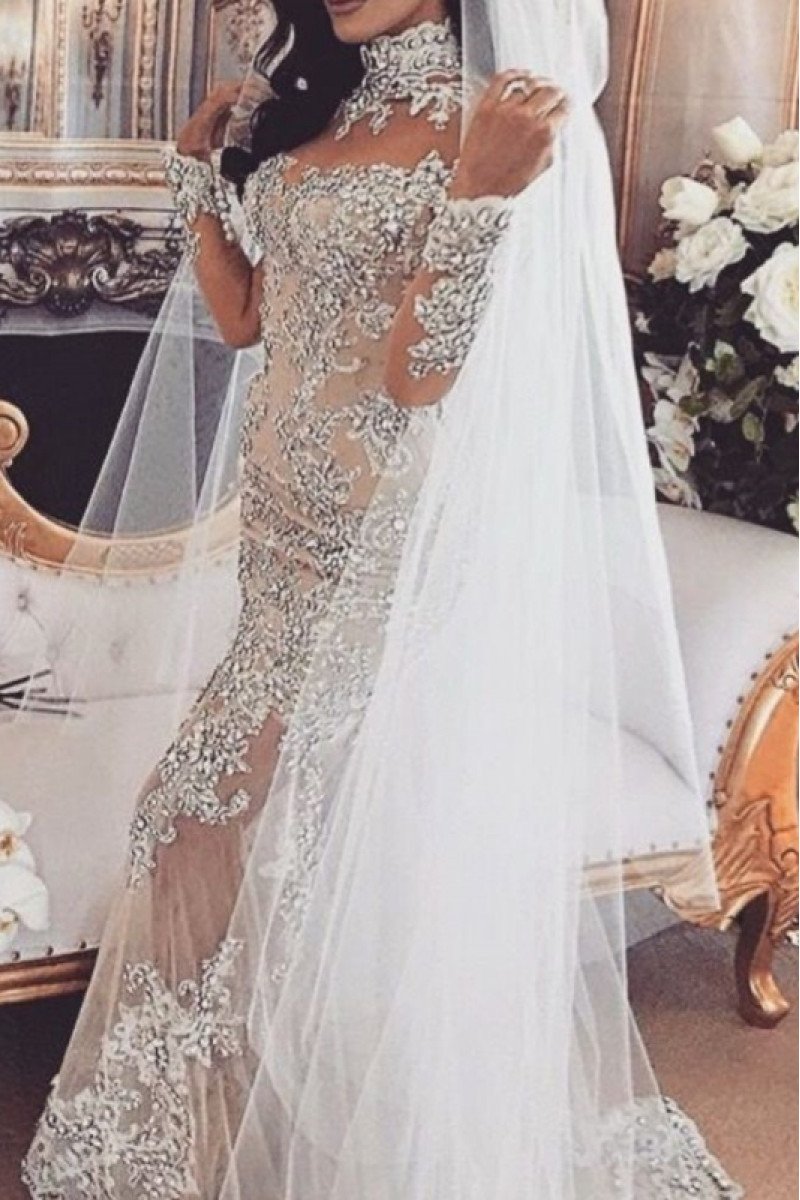 Bridget Sparkle High Neck Long Sleeves Open Back Mermaid Wedding Dresses With Crystal