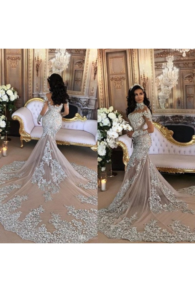 Bridget Sparkle High Neck Long Sleeves Open Back Mermaid Wedding Dresses With Crystal