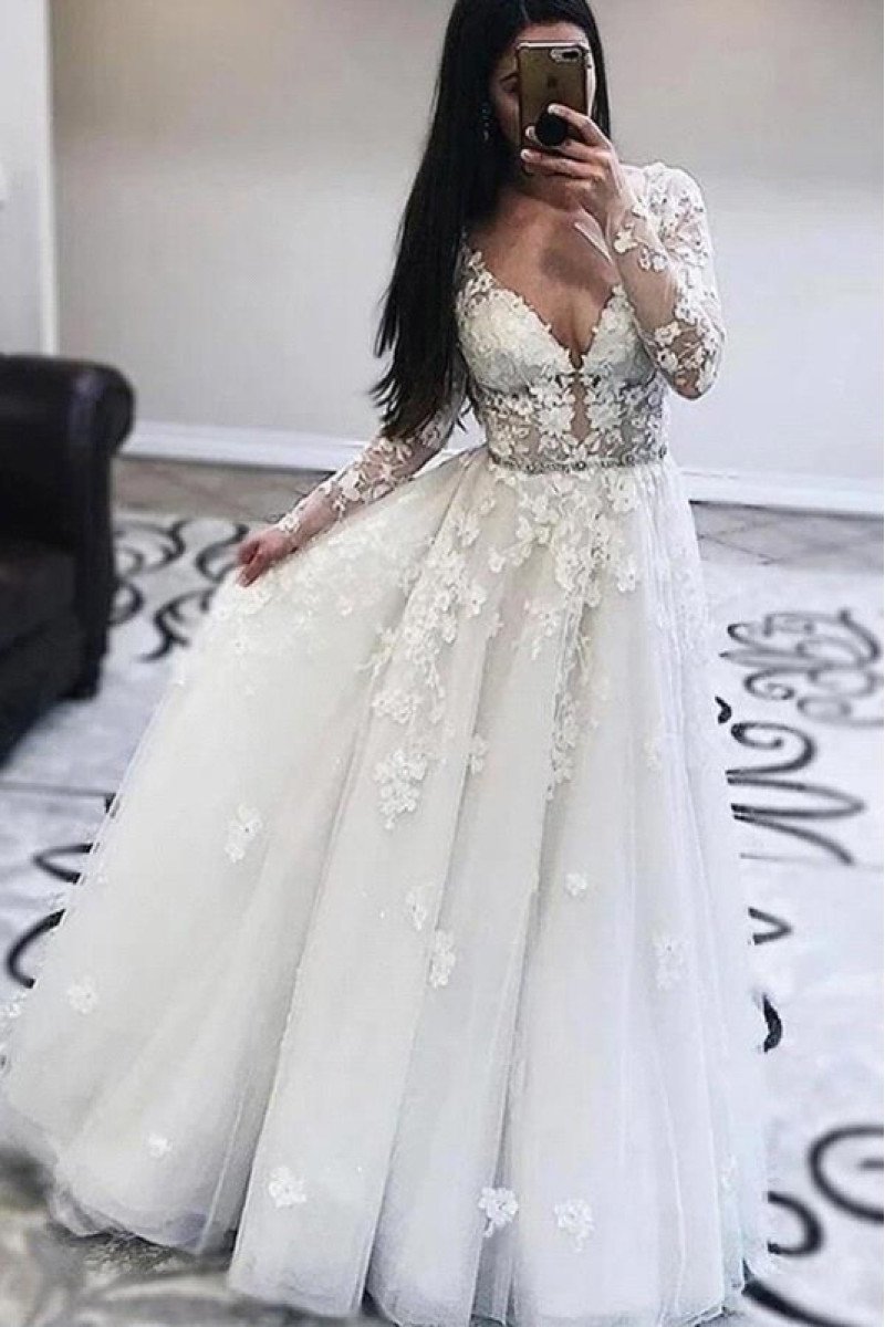 Brittany Gentle V-Neck Long Sleeves A-Line Wedding Dresses With Appliques